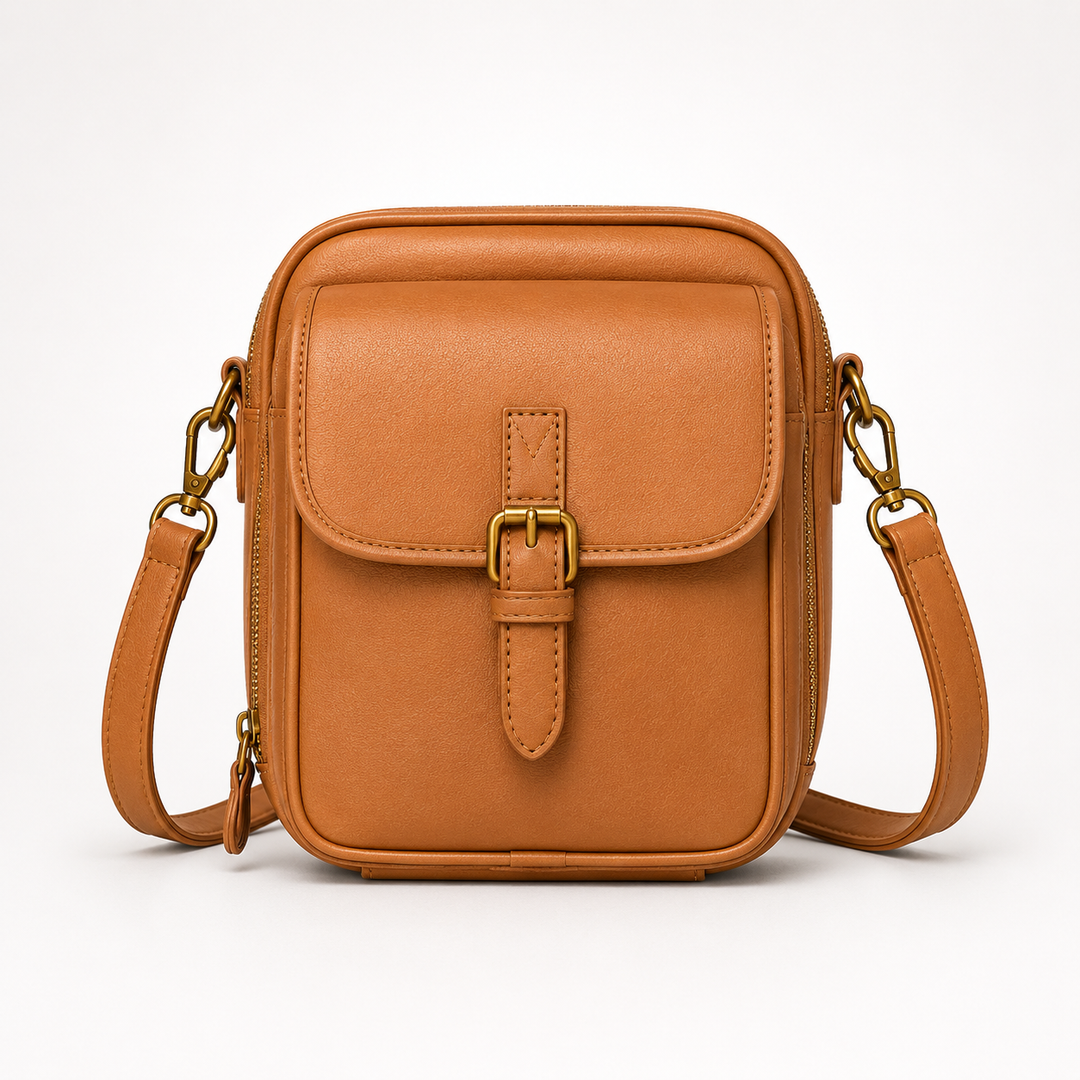 Solene – Structured vegan leather crossbody bag with built-in wallet and glasses compartment