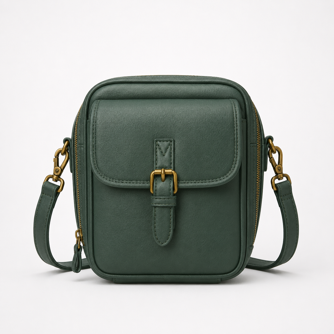 Solene – Structured vegan leather crossbody bag with built-in wallet and glasses compartment
