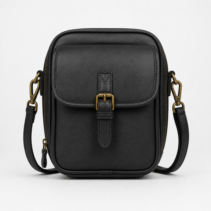 Solene – Structured vegan leather crossbody bag with built-in wallet and glasses compartment