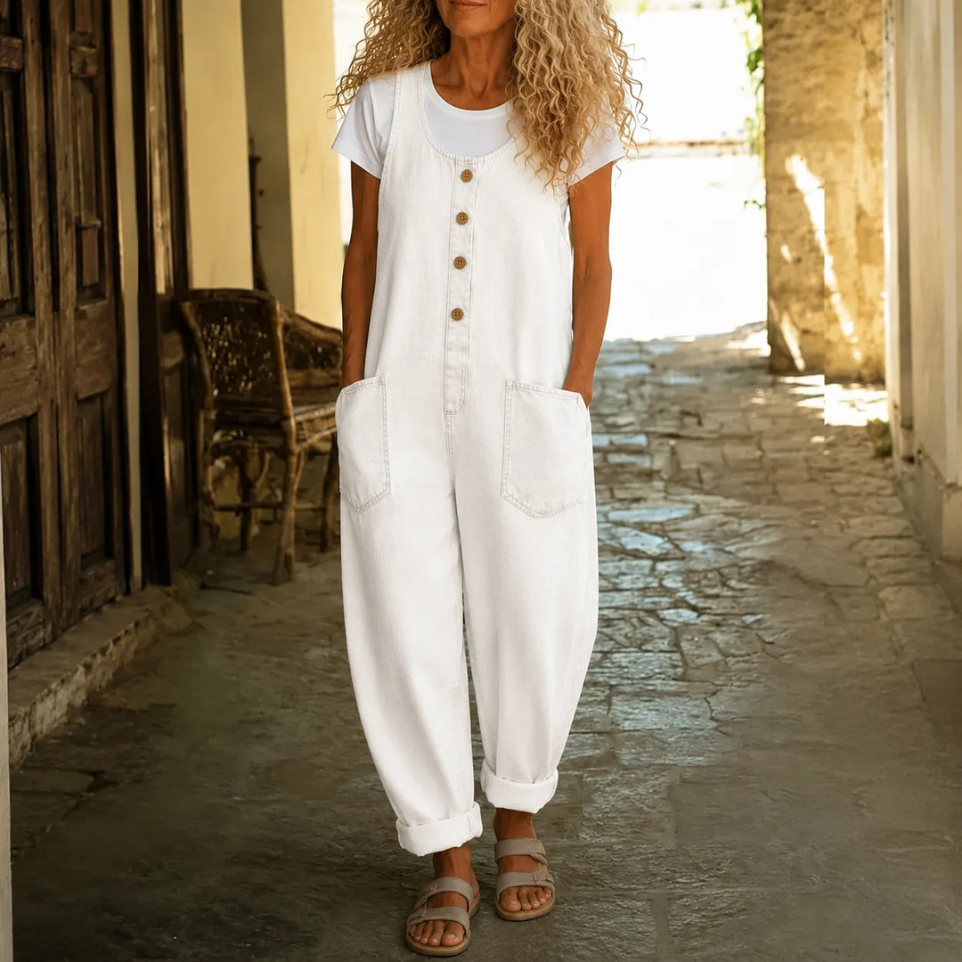 Lora – Vintage Denim Overalls with Button Front and Patch Pockets