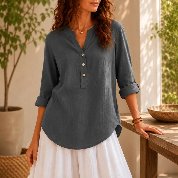 Amberlys – Airy Linen Blouse with V-Neck and Buttons
