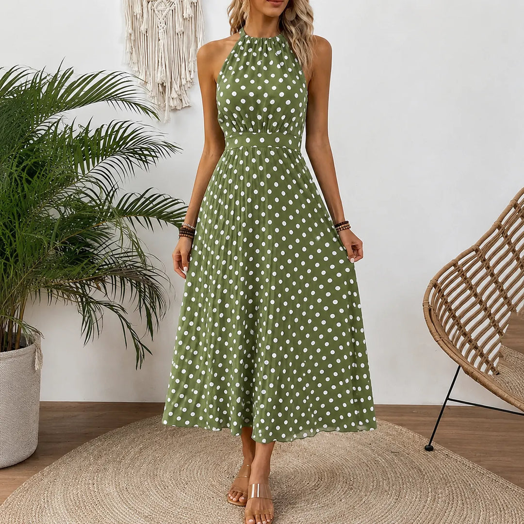 Soliana – Pleated Polka Dot Halter Midi Dress for Women
