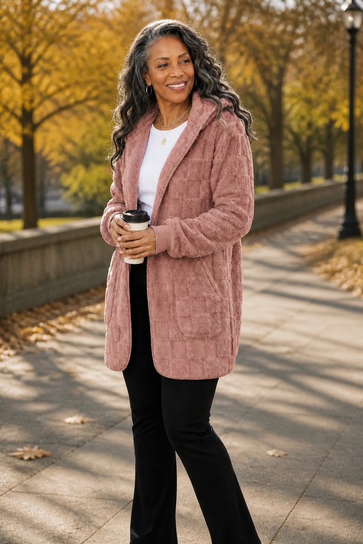 Plushden – Checkered Fuzzy Open-Front Cardigan