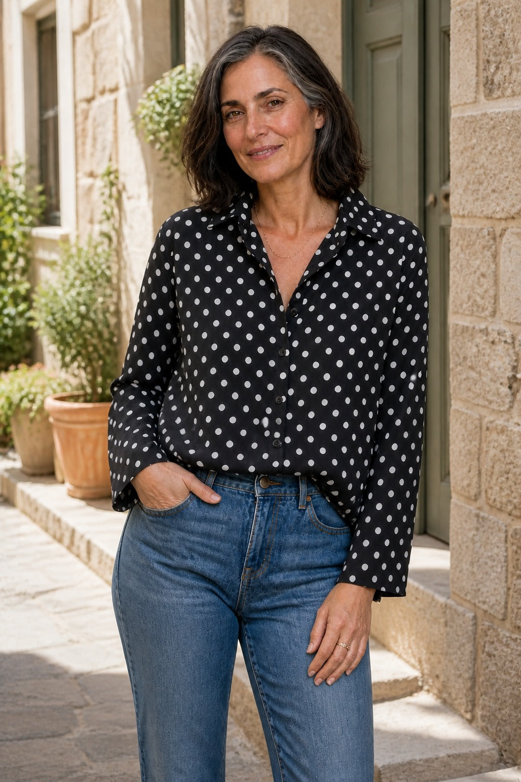 Wearbella – Polka Dot Lapel Long Sleeve Blouse