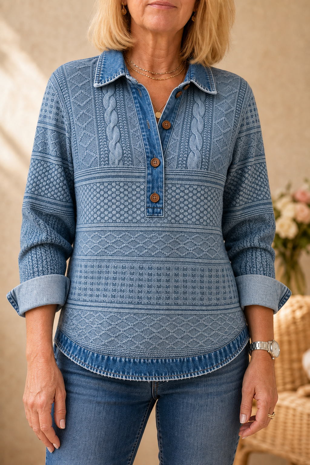 Layerlyn – Denim Patchwork Textured Knit Blouse