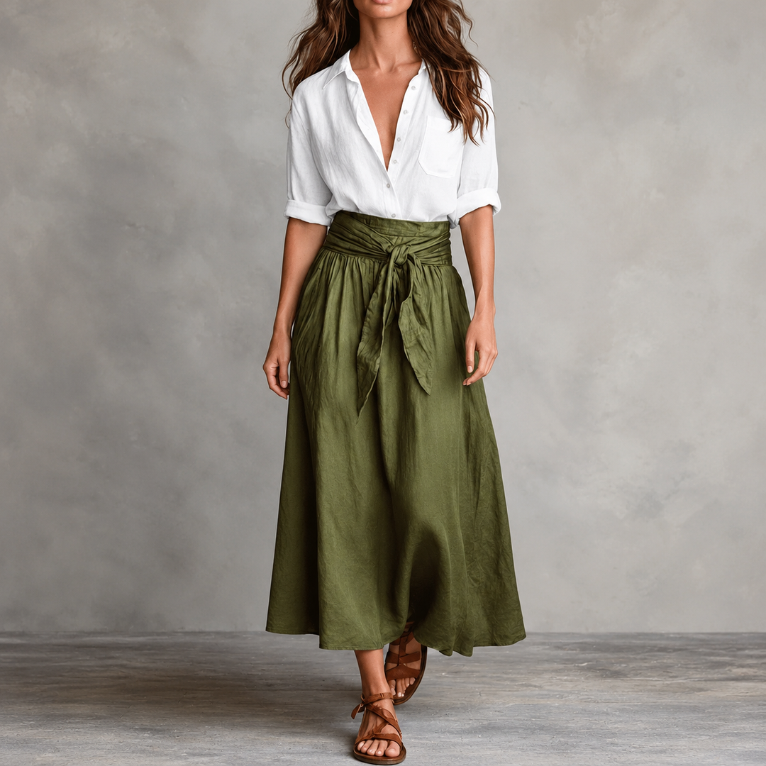 Olive & Onyx – Button Shirt And Tie-Waist Midi Skirt Set
