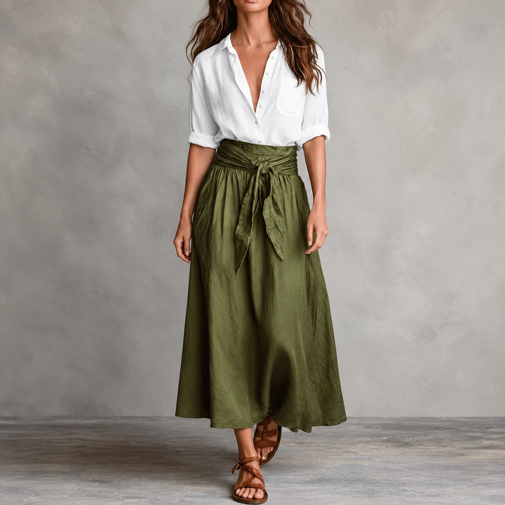 Olive & Onyx – Button Shirt And Tie-Waist Midi Skirt Set