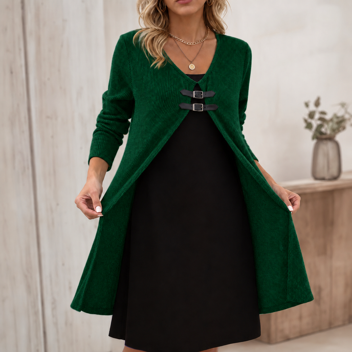 Duetta – Faux Two-Piece Buckle-Accent Ribbed A-Line Dress