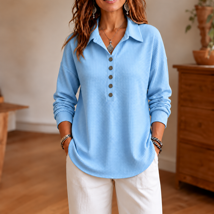 Wearbella – Waffle-Knit Collared Button-Neck Pullover