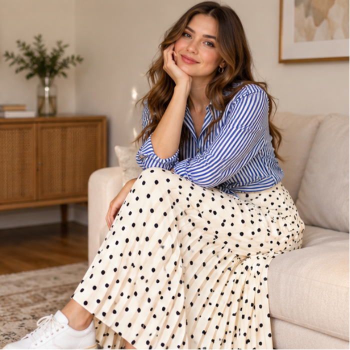 Wearbella – Polka Dot Pleated A-Line Midi Skirt