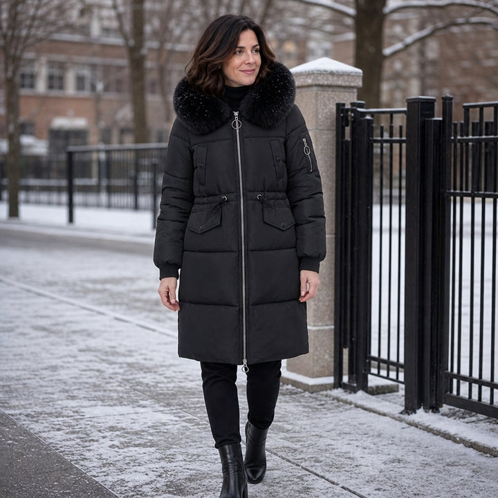 Veluna – Plush Hood Trim Mid-Long Padded Winter Coat