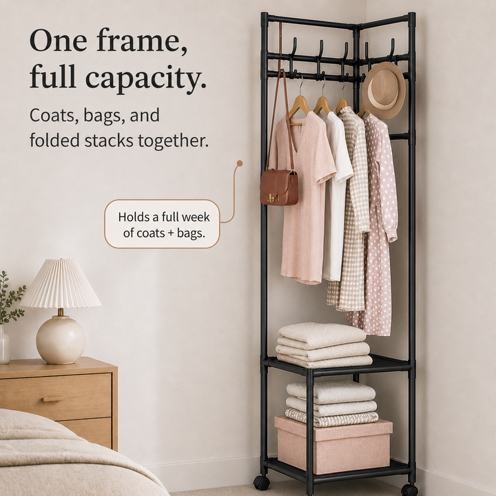 Nookstand – Space-Saving Garment Rack With Shelf And Hooks