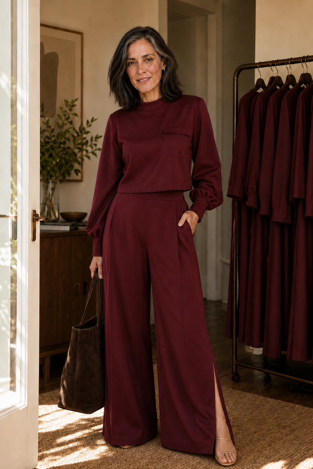 Wearbella – Bishop Sleeve Mock Neck Top And Wide-Leg Pants Set