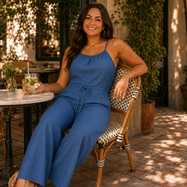 Soraya – Halter Wide-Leg Drawstring Jumpsuit, Summer Denim-Look
