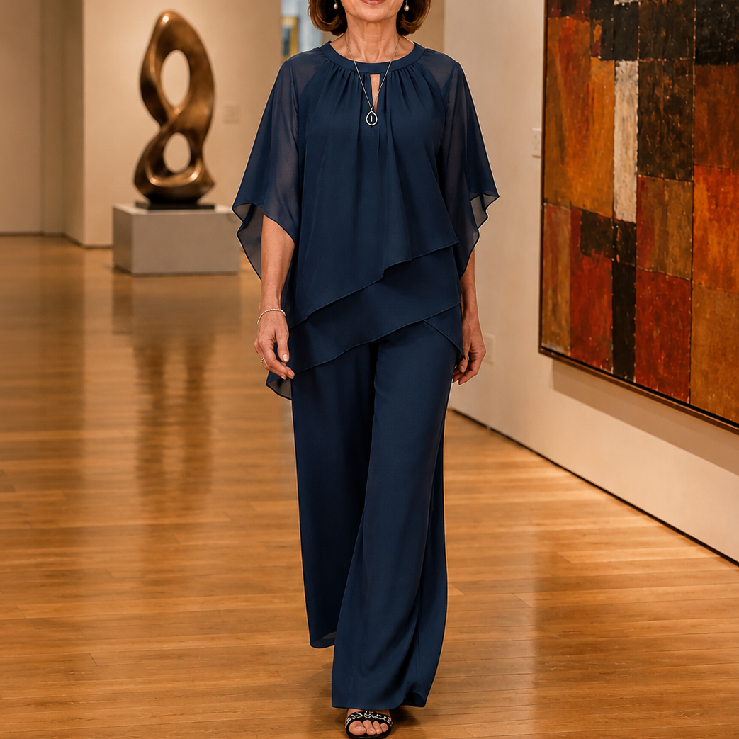 Draperie – Asymmetric Chiffon-Overlay Wide-Leg Trouser Set