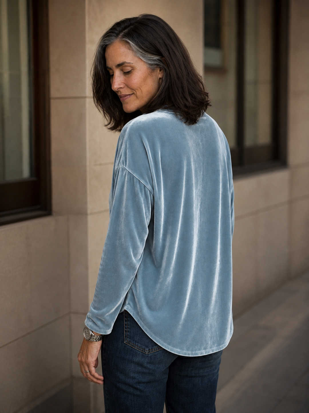 Tievelle – Velvet Tie-Neck Relaxed Blouse