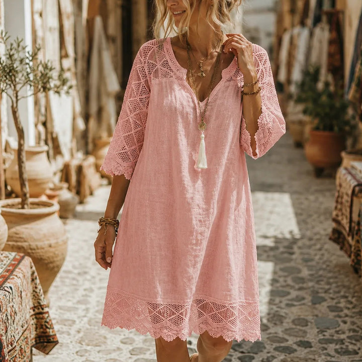 Solenne – Boho Shift Dress with Crochet-like Shoulders and Scalloped Hem