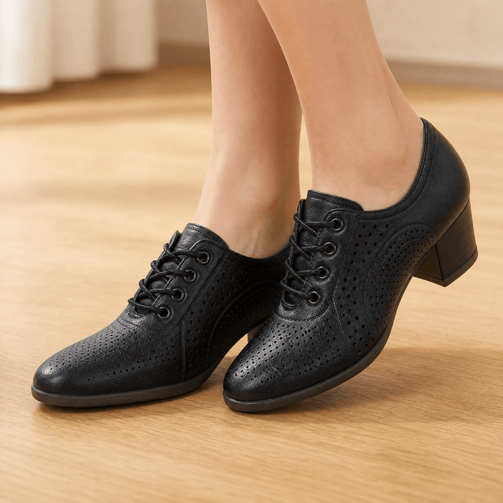 Aerella – Women's Breathable Perforated Block Heel Shoes Black / 5