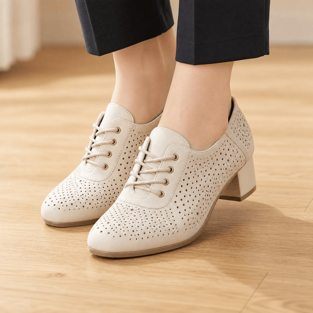 Aerella – Women's Breathable Perforated Block Heel Shoes Off White / 5