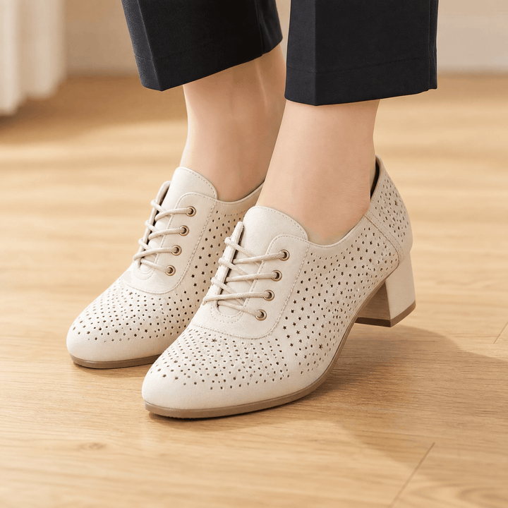 Aerella – Women's Breathable Perforated Block Heel Shoes Off White / 5