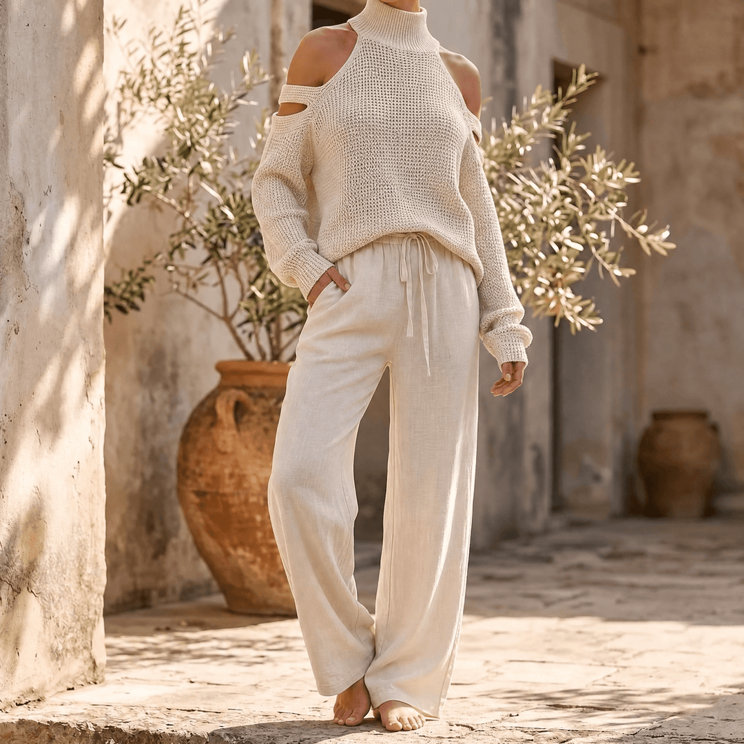 Alessia – Women's Cold-Shoulder Knit & Wide-Leg Set Cream / XS (US 0-2)