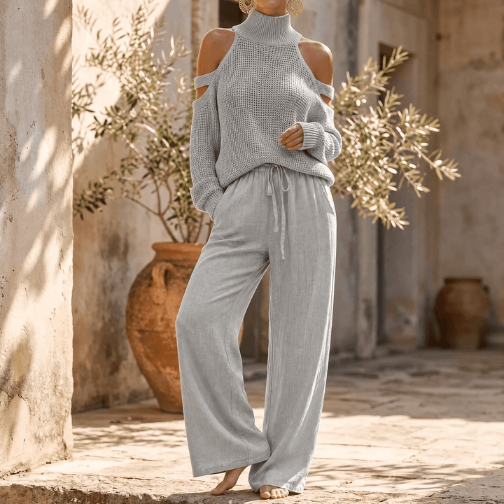 Alessia – Women's Cold-Shoulder Knit & Wide-Leg Set Soft Grey / XS (US 0-2)