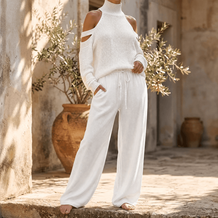 Alessia – Women's Cold-Shoulder Knit & Wide-Leg Set White / XS (US 0-2)