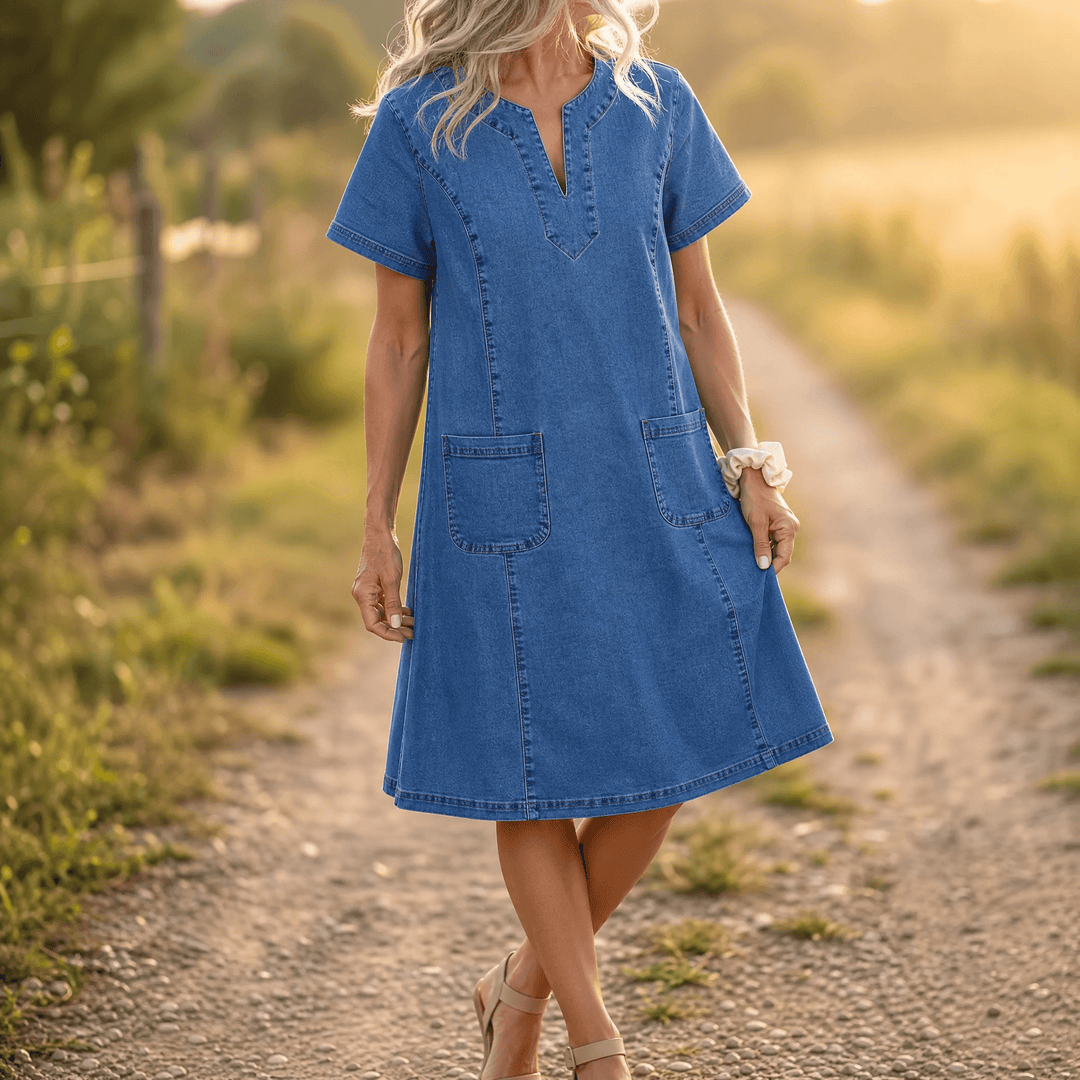 Aurelene – Women's V-Neck Denim Dress with Pockets Blue