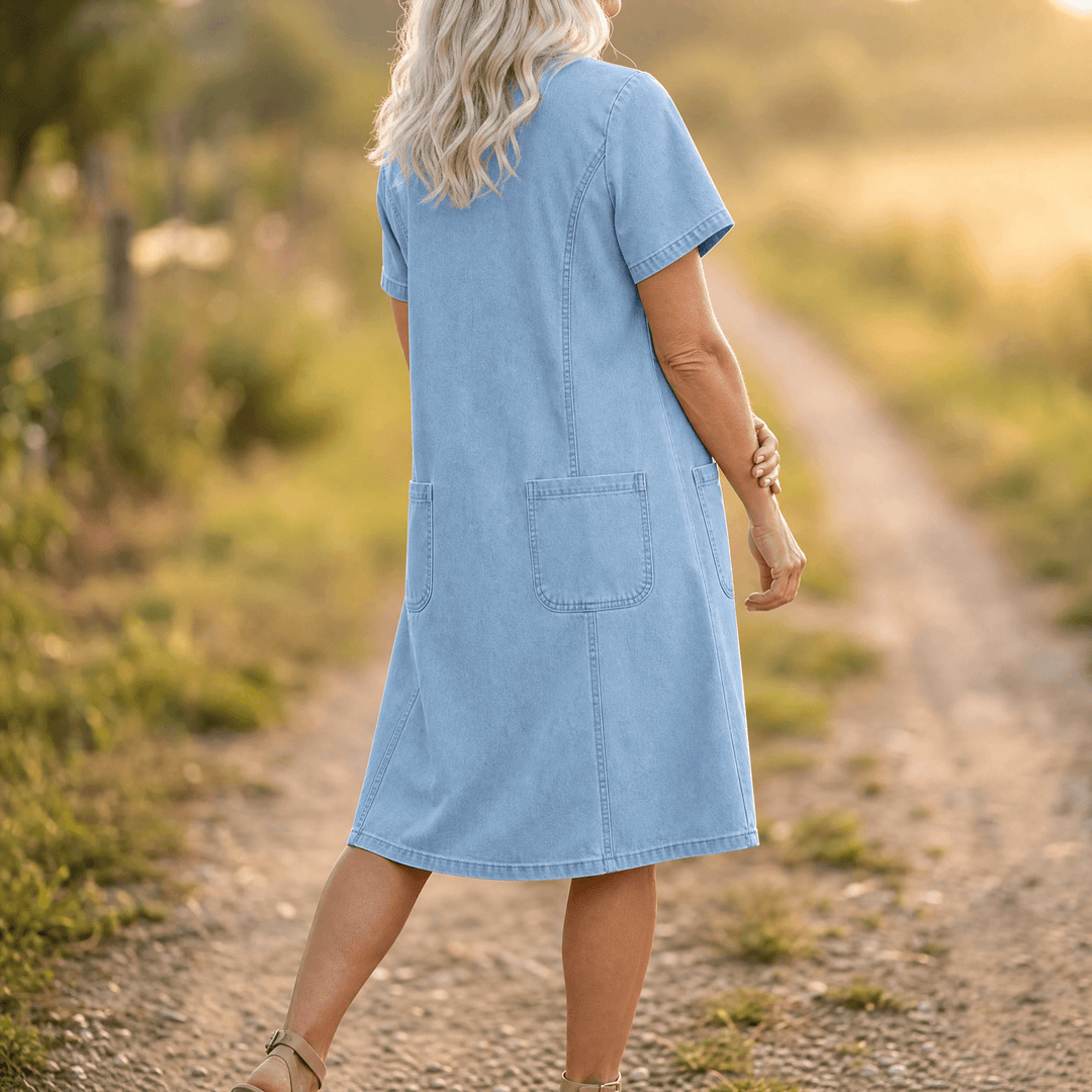Aurelene – Women's V-Neck Denim Dress with Pockets Light blue
