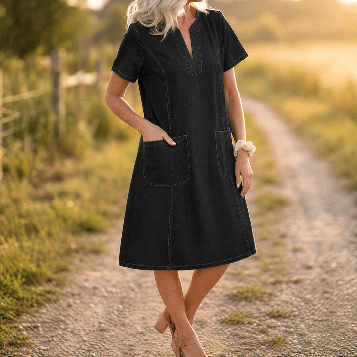 Aurelene – Women's V-Neck Denim Dress with Pockets Washed Black