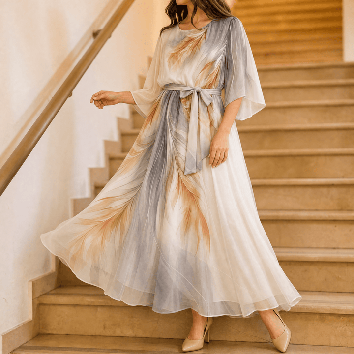 Aurelinea – Women's Painted Chiffon Maxi Dress Cream Taupe
