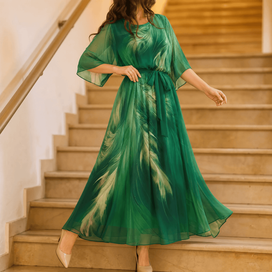 Aurelinea – Women's Painted Chiffon Maxi Dress Emerald Green