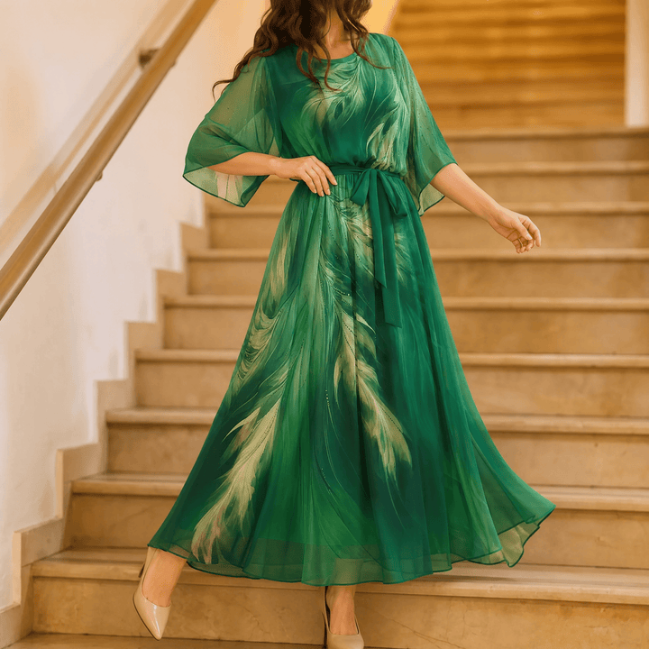 Aurelinea – Women's Painted Chiffon Maxi Dress Emerald Green