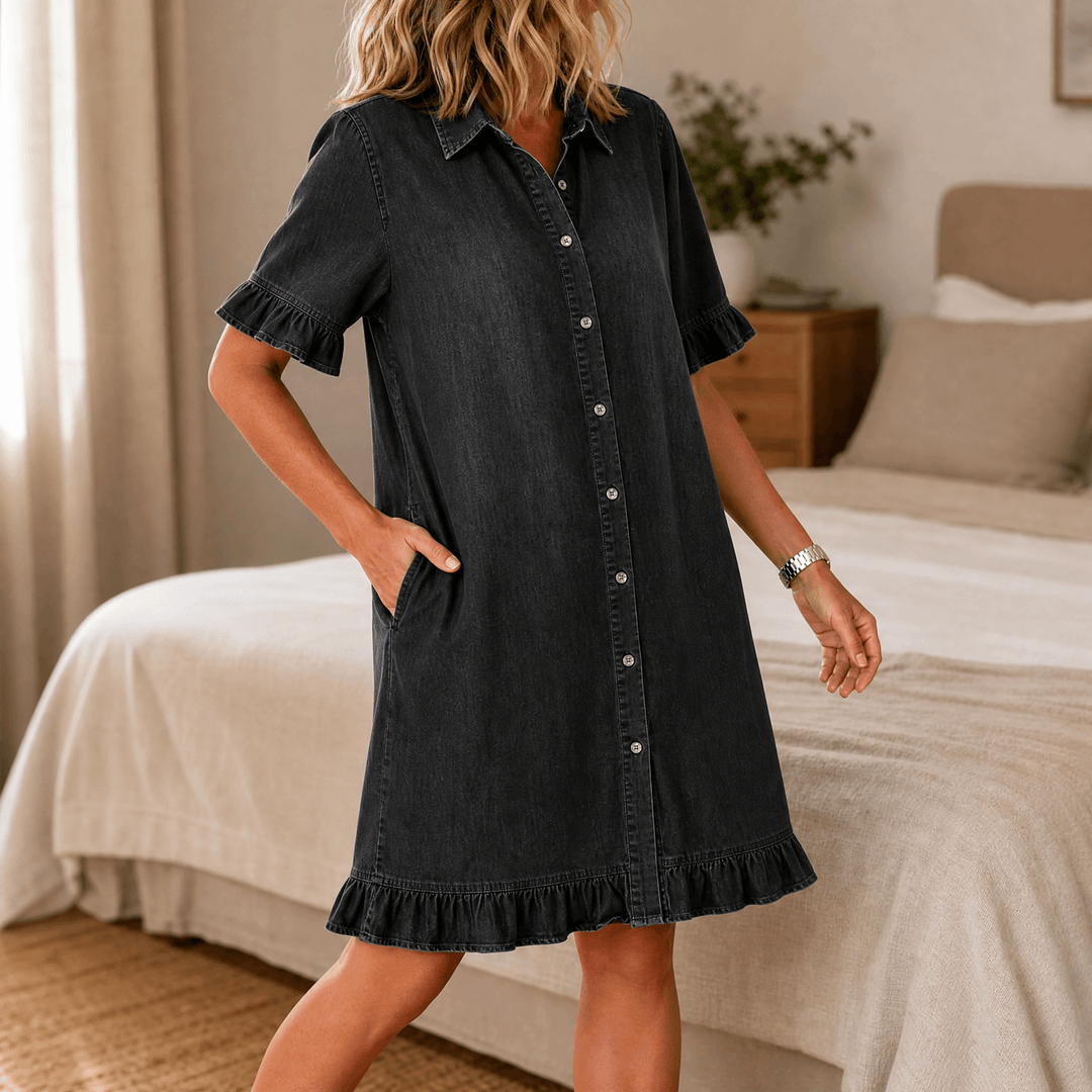Aveline – Women's Soft Shirt Dress with Ruffle Hem Black