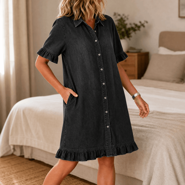 Aveline – Women's Soft Shirt Dress with Ruffle Hem Black