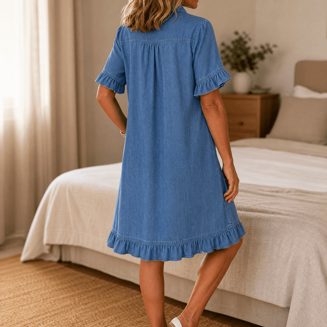 Aveline – Women's Soft Shirt Dress with Ruffle Hem Classic Blue