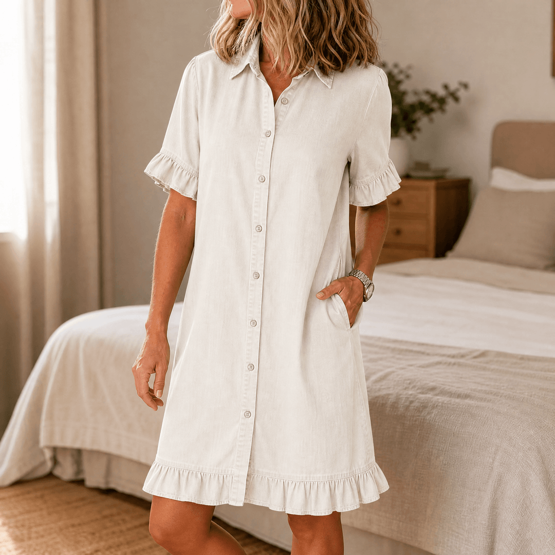 Aveline – Women's Soft Shirt Dress with Ruffle Hem Cream White