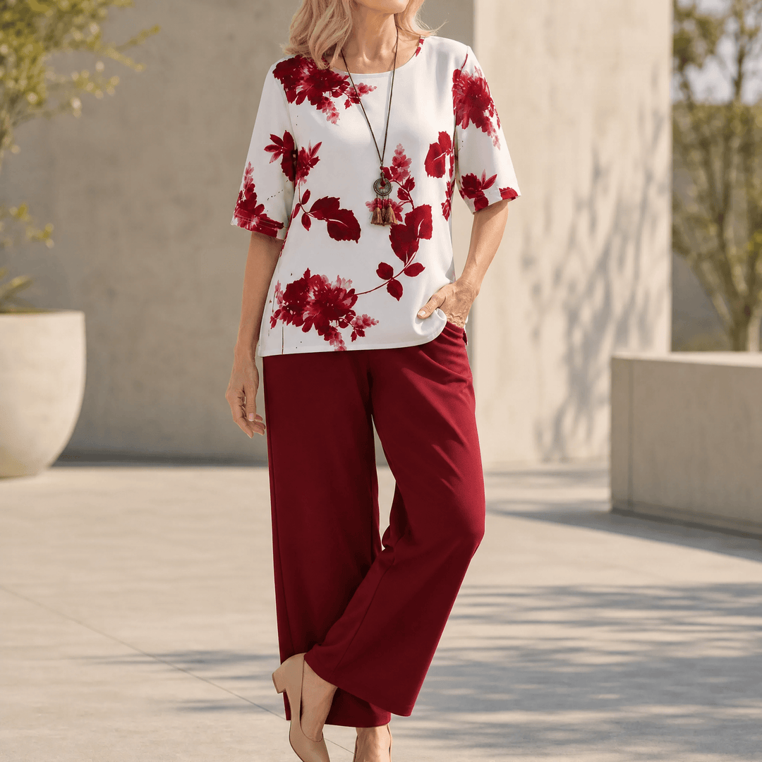 Avery – Women's Floral Top & Wide-Leg Pants Set Burgundy Floral / S