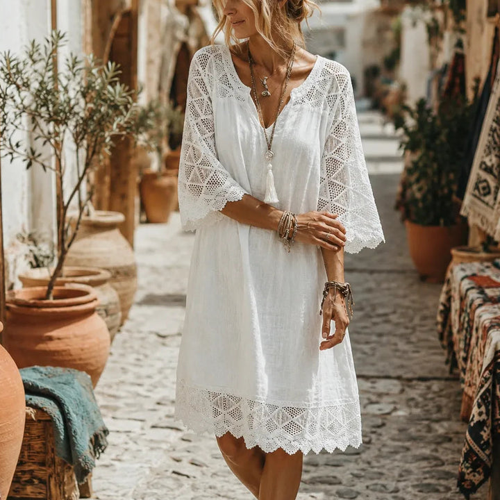 Solenne – Boho Shift Dress with Crochet-like Shoulders and Scalloped Hem