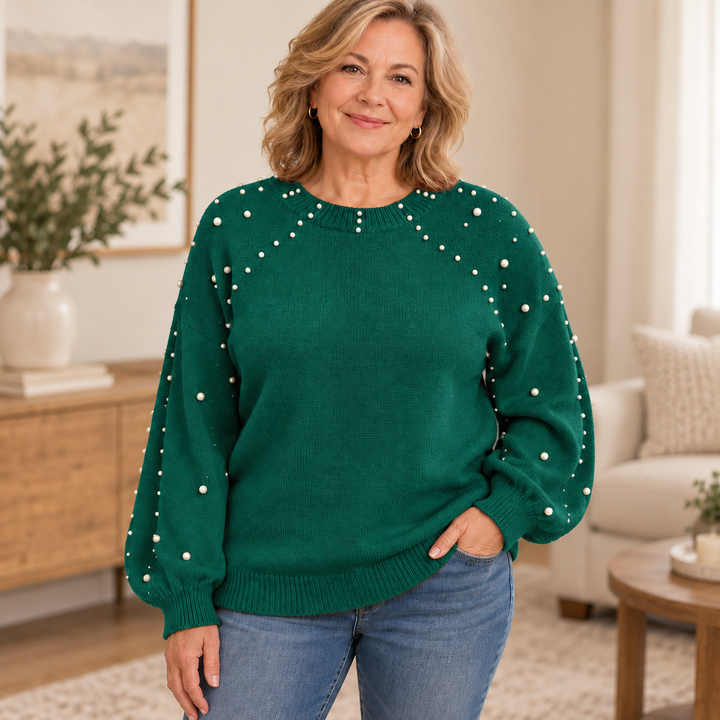 Pearla – Faux Pearl Sleeve Crew-Neck Sweater