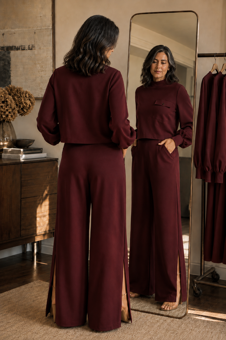 Wearbella – Bishop Sleeve Mock Neck Top And Wide-Leg Pants Set