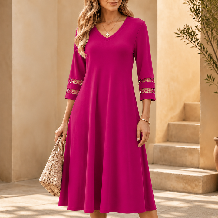 Legere – Crochet Sleeve V-Neck Pocket Midi Dress