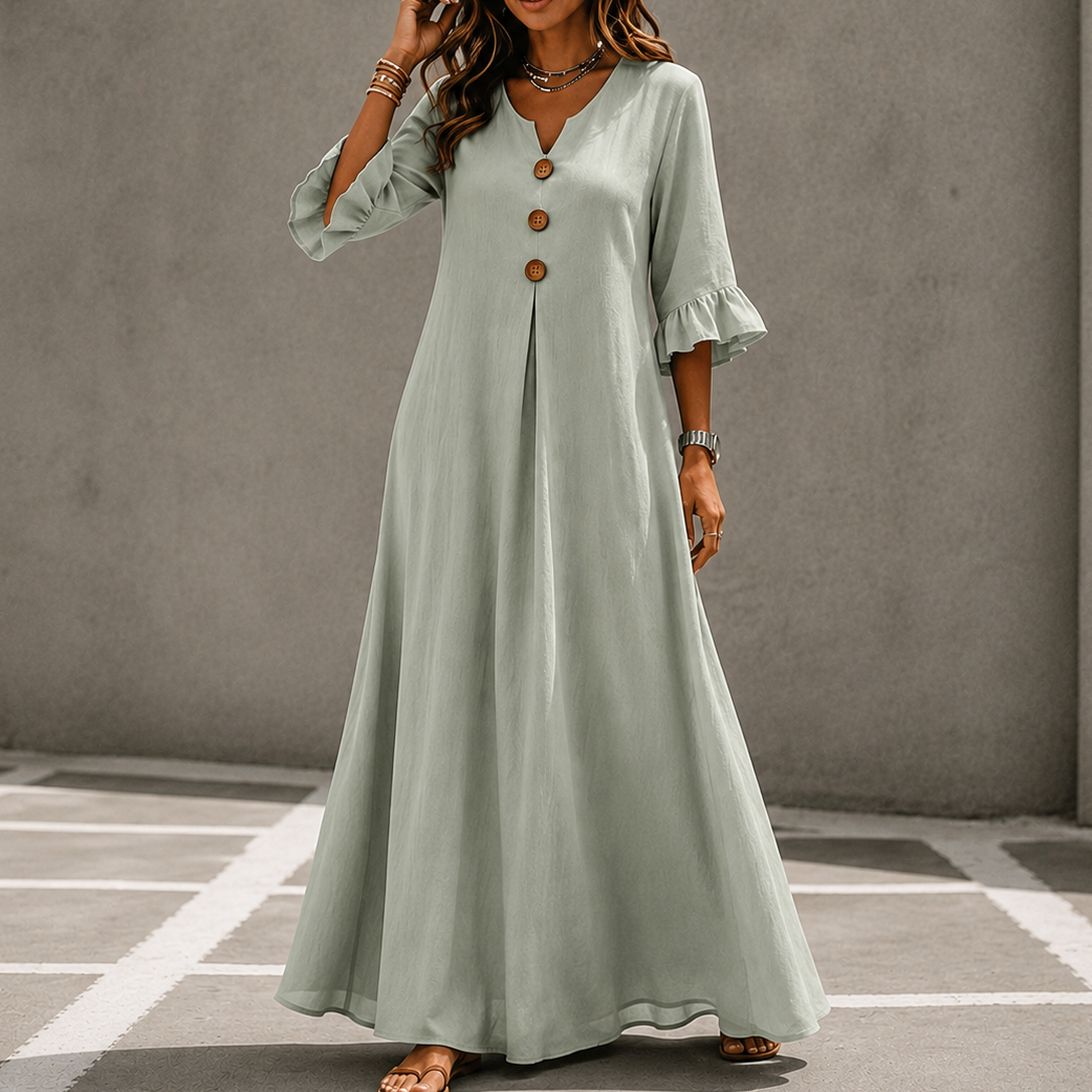 Marellia – Flowy Linen-Look V-Neck Maxi Dress with Pockets