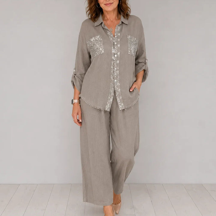 Solencia – Shimmer Pocket Shirt and Wide-Leg Pants Set