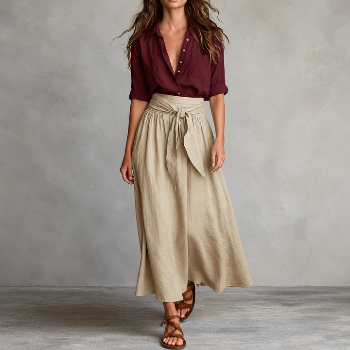 Olive & Onyx – Button Shirt And Tie-Waist Midi Skirt Set