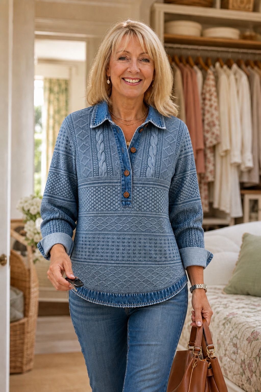 Layerlyn – Denim Patchwork Textured Knit Blouse