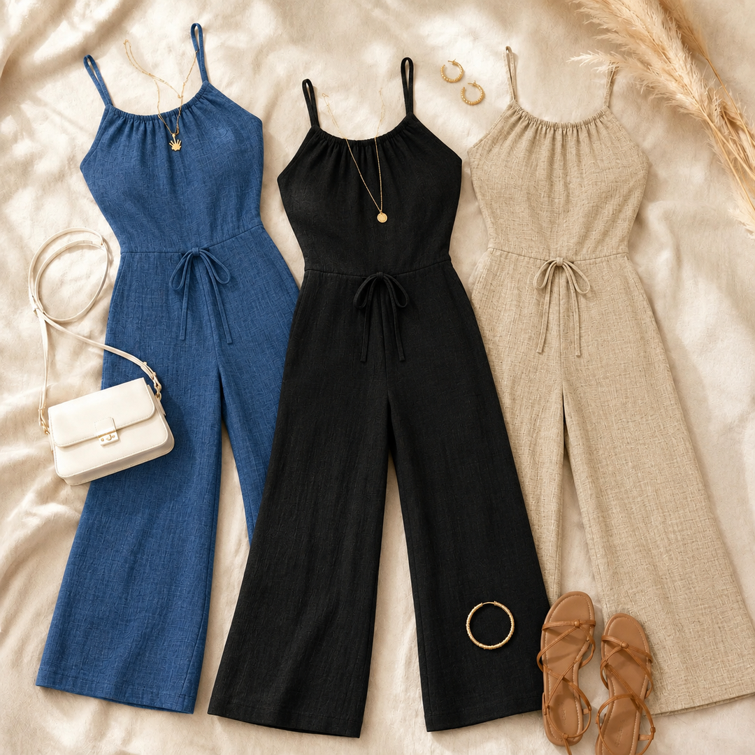 Soraya – Halter Wide-Leg Drawstring Jumpsuit, Summer Denim-Look