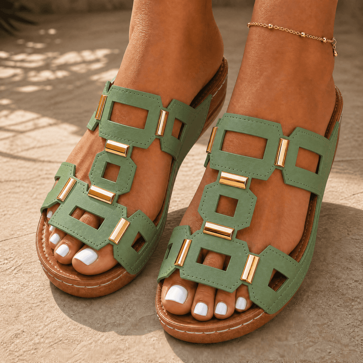 BellaArch – Cushioned Wedge Sandals with Gold Strap Detail Green