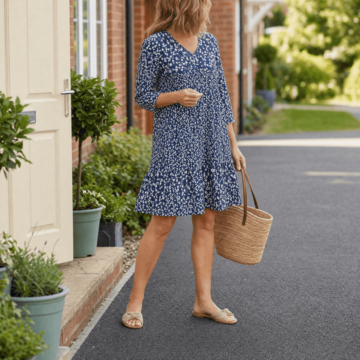 Bellora – Breezy Floral Midi Dress with Ruffle Hem Blue