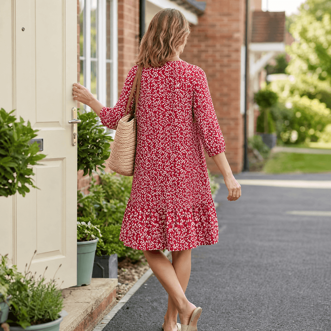 Bellora – Breezy Floral Midi Dress with Ruffle Hem Red